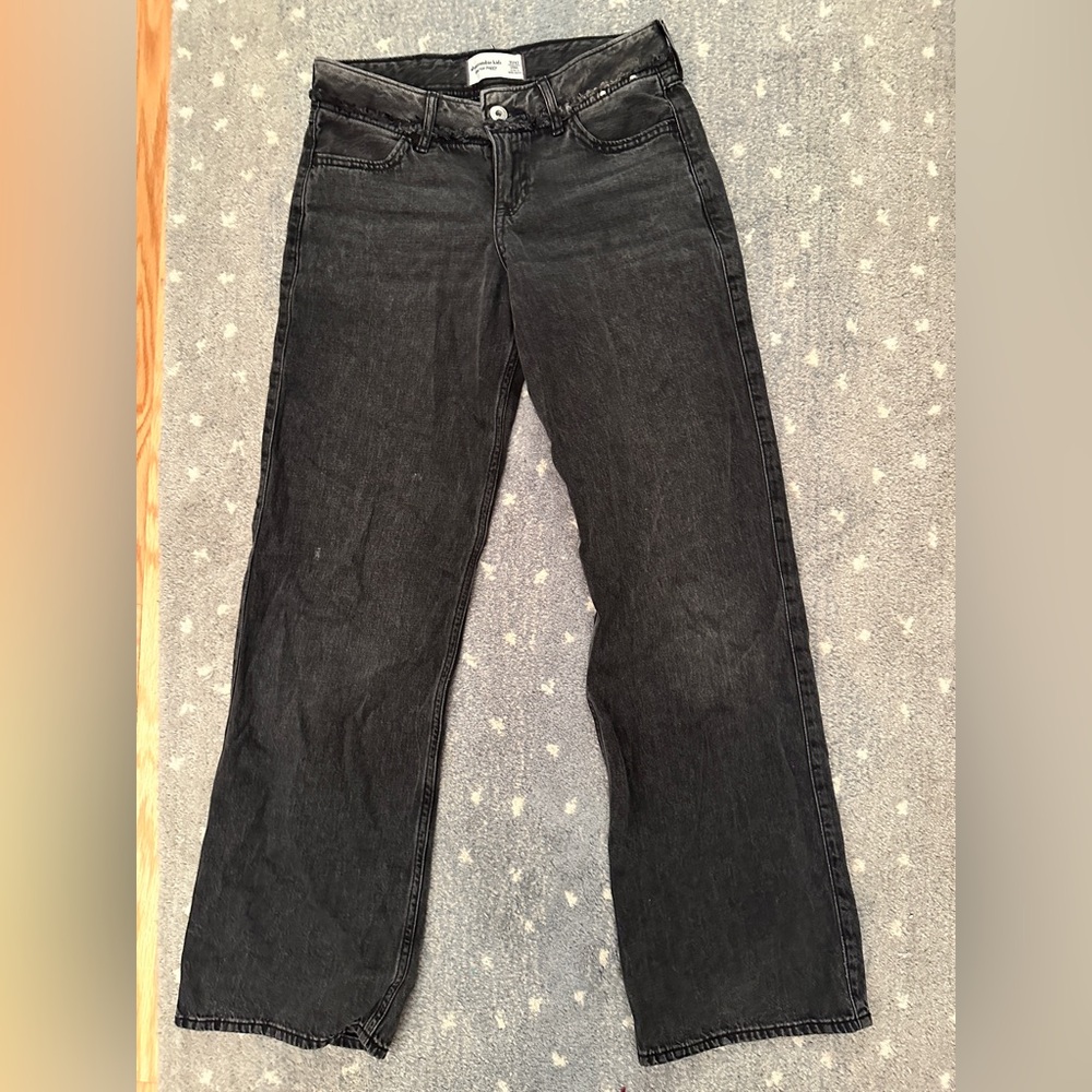 Abercrombie Girls size 11-12 Long faded black jeans frayed waist flares denim